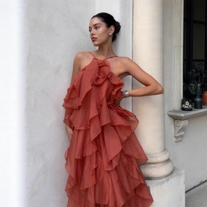 Terracotta Maxi Dress Sleeveless V-Neck Tiered Ruffles Polyester Elegant Flowy Evening Gown For Women High Waist Casual