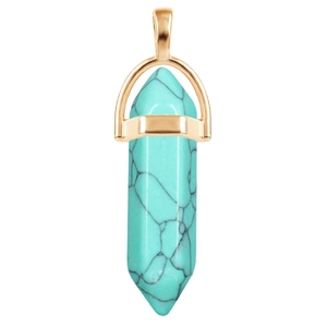 Close-up of a hexagonal turquoise stone pendant with golden metal setting on white background