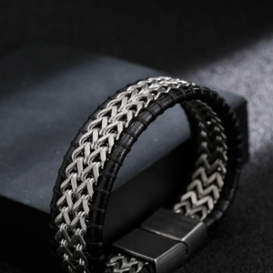Men's double-layered black woven leather and silver stainless steel chain bracelet