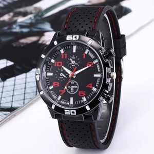 Men Sport Quartz Watch With Silicone Strap Contrast Stitching Triple Sub-dials Analog Black Case Fashion Men Wristwatch