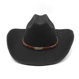 Black wool felt western cowboy hat with studded brown leather band and metallic plaque