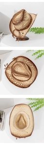 Detailed views of gradient woven straw cowboy hat with beaded leather cord and hollow design
