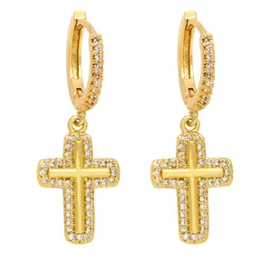 Elegant gold cross drop earrings featuring pavé cubic zirconia on polished metal