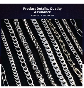 Detailed view of various silver stainless steel chain styles including Cuban and Figaro links