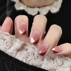 Press On Nails Wine Red White Marble Pattern Square Round Full Cover Removable Elegant Simple Manicure For Women