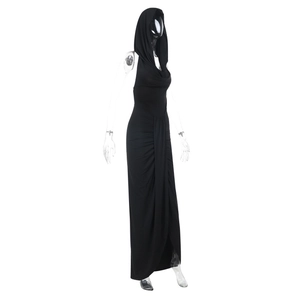 Side view of backless hooded maxi dress featuring a high slit and sleek silhouette