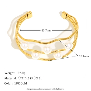 Three-layer 18K gold plated stainless steel bangle with pearl flower and knot design