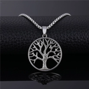 Detailed view of silver tree of life pendant on a minimalist stainless steel chain for men