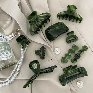Vintage Dark Green Acetate Hair Claw Clips Marble Pattern Non-Slip Shark Hairpin For Women Elegant French Style Headwear