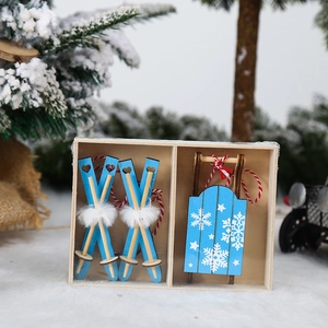 Christmas wooden sled and ski pendant set with blue snowflake patterns and fur trim