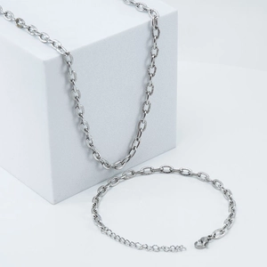 Polished silver stainless steel textured O-chain necklace and bracelet jewelry set