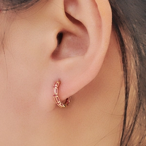 Minimalist gold hoop earrings with pink enamel rectangular patterns for women