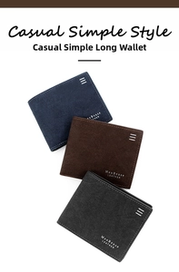 Three premium bifold men's wallets in blue, brown, and grey with a frosted leather texture