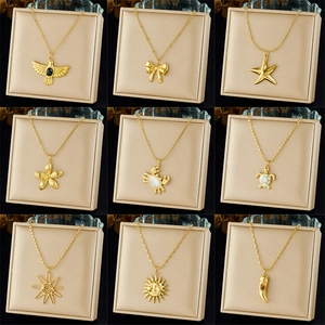 Gold Plated Stainless Steel Pendant Necklace With Shell Gemstone Vintage Chic Multi Element Animal Sun Flower Design For Women