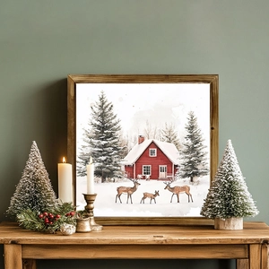 Christmas Wooden Frame Decorative Wall Art Winter Snow Scene Watercolor Red House Reindeer Nordic Style Home Ornament