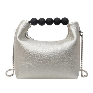 Silver faux leather dumpling handbag with large black pearl handle and chain strap