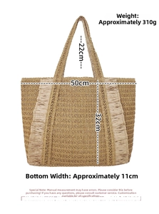Detail of woven straw tote bag with decorative fringe tassels and dual shoulder straps