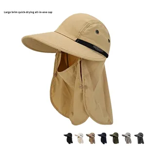 Outdoor Sun Protection Bucket Hat Polyester Large Brim Quick-Drying Waterproof With Face Mask Neck Cover For Men Women