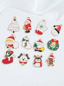 Close-up of 12-piece colorful enamel Christmas pendants including Santa, tree and reindeer