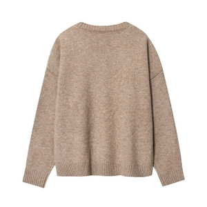 Taupe knit sweater with classic crew neck and ribbed cuffs shown from a back view