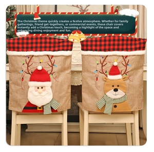 Detail of Christmas chair covers featuring Santa and Reindeer designs on linen fabric