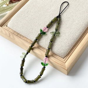 Chinese style glass bamboo knot phone strap with pink tulip flowers and green beads