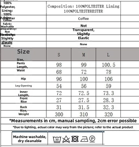 Size chart and washing instructions for elegant coffee lace patchwork straight pants
