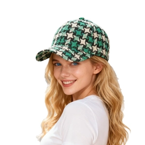 Women's autumn winter houndstooth baseball cap in green and black plaid pattern