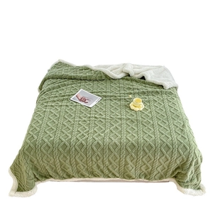 Double-sided grass green blanket with thick lamb wool and geometric knit pattern