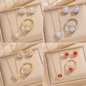 Bijoux En Acier Titane En Forme De Cœur Avec Zircone Collier Boucles D'oreilles Et Bague Réglable Cadeau Élégant