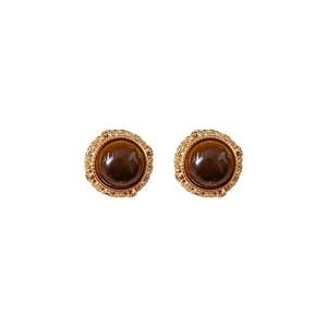 Retro gold plated stud earrings with brown tiger eye stone on a clean white background