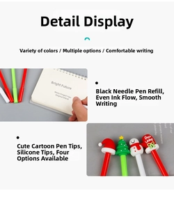 Close-up of 0.5mm black ink needle tip and soft silicone Christmas themed pen toppers