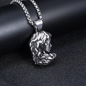 Retro stainless steel Medusa pendant necklace with vintage silver relief on black leather