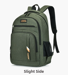 Macro side view of dark green multi-pocket travel backpack with breathable mesh straps