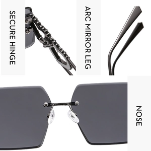 Detail of mechanical metal hinge and ergonomic nose pads on rimless sunglasses