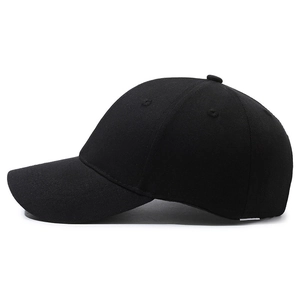 Classic black cotton baseball cap in six-panel design with a curved brim from 45-degree angle