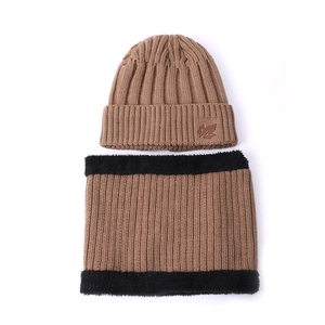 Winter thermal knit beanie and neck gaiter set in camel brown with warm fleece lining