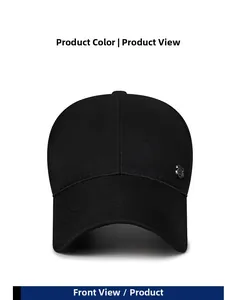 Front view of black baseball cap for men featuring a metallic badge and stitched brim