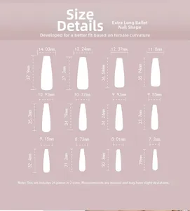 Size chart showing width and height for 24 pieces of extra long ballerina press-on nails