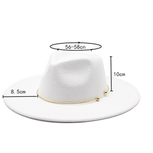 Detail of white wool fedora hat crown with gold metal buckle and sizing specifications