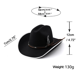 Detail view of black wool cowboy hat featuring a white brim edge and feather accessory