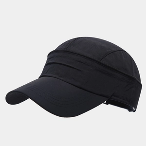 Detail of black quick-dry baseball cap featuring a unique zipper decoration on the side