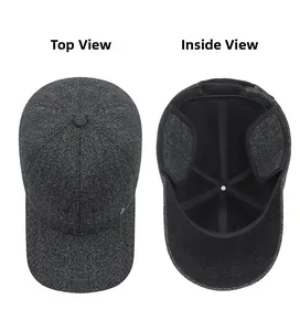 Detail of winter baseball cap with warm ear flaps and thick black fleece lining