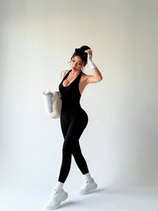 Black halter neck backless yoga jumpsuit with high-stretch quick-dry slim fit design