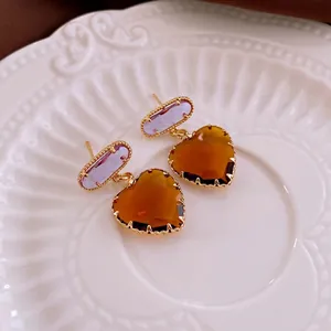 Luxury heart-shaped zircon earrings with amber and lavender gemstones in gold finish