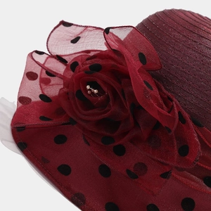 Elegant wine red organza sun hat with black polka dots and a 3D floral decoration