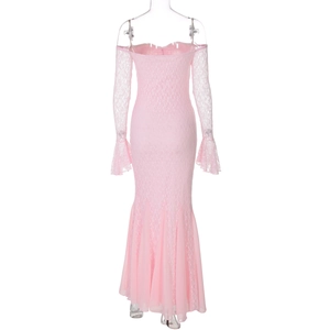 Detail of pink lace off-shoulder evening dress with chiffon fishtail hem and long sleeves