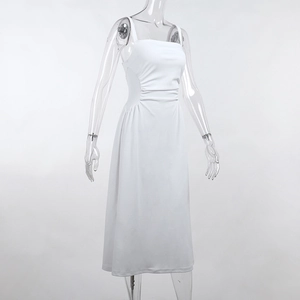 Detail view of white midi dress with side waist pleats and square neckline