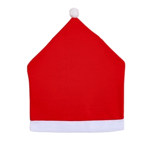 Red and white Christmas chair covers shaped like Santa hats with decorative pom poms