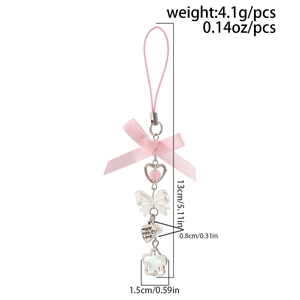 Pink ribbon bow keychain with heart and star pendants featuring size and weight labels